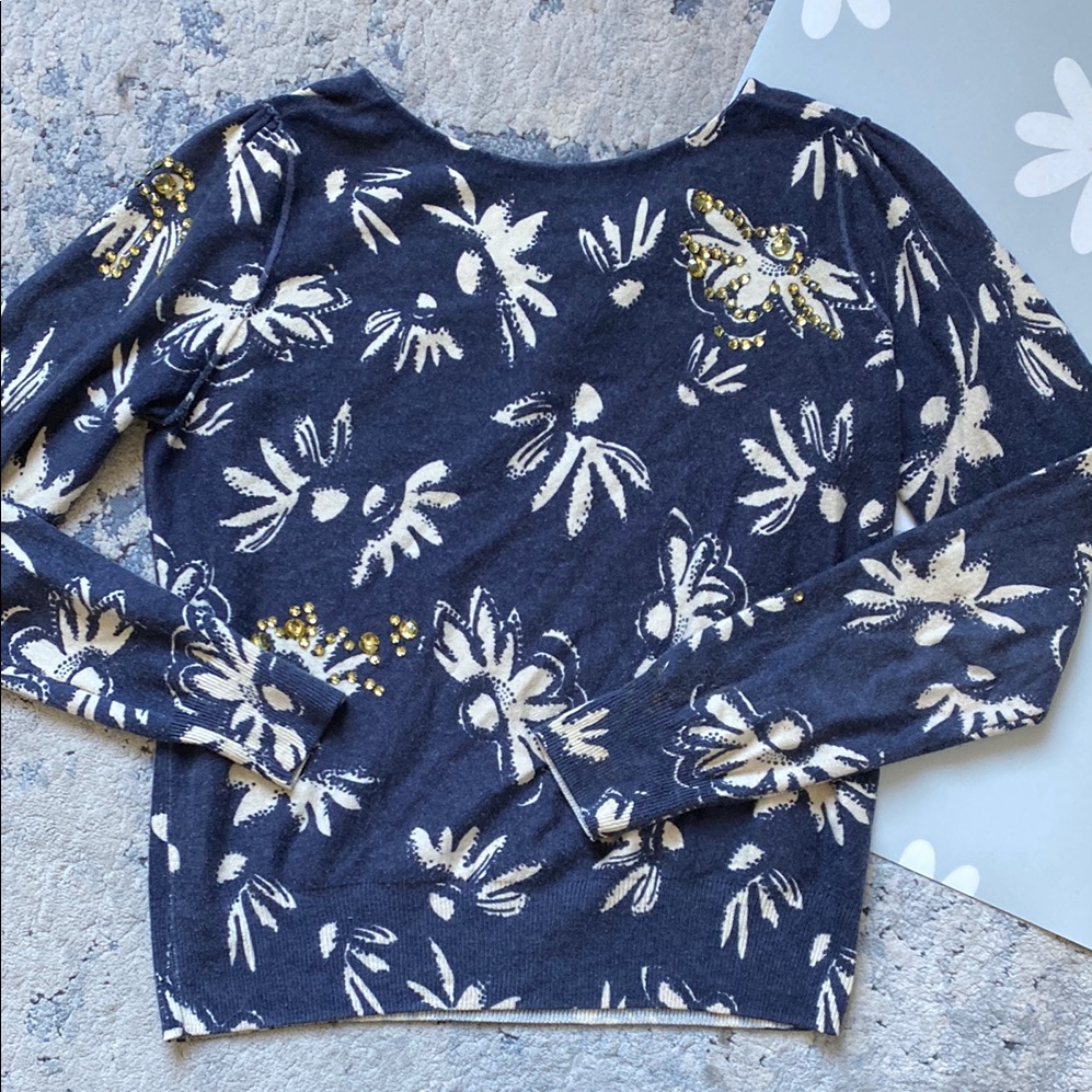 Sonia Rykiel Floral Long Sleeve Top In Navy And White